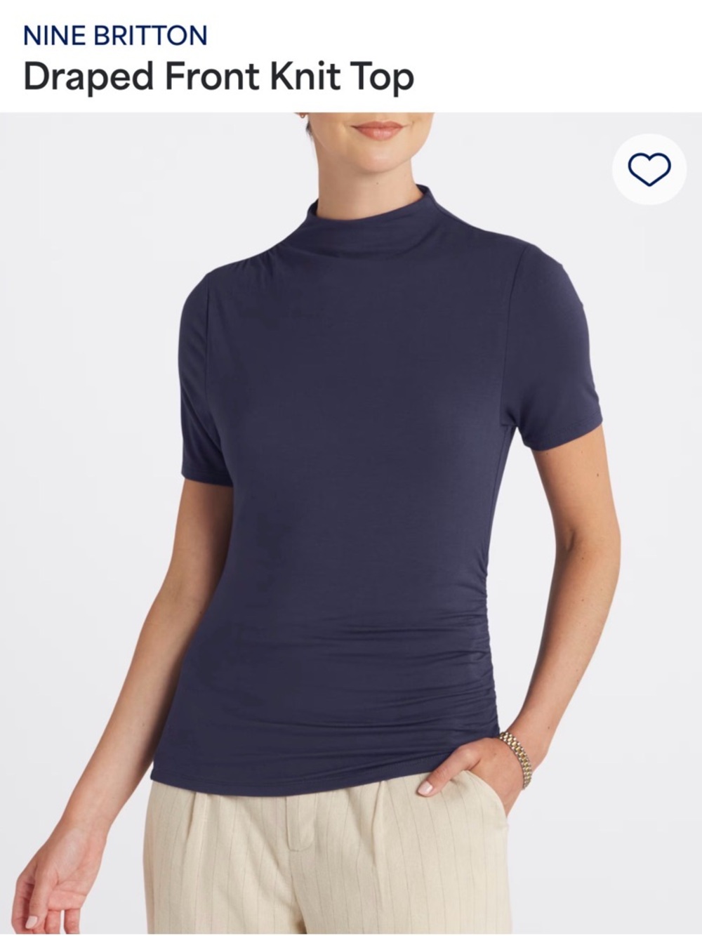 nine britton Navy Mock Neck Draped Short Sleeve Top